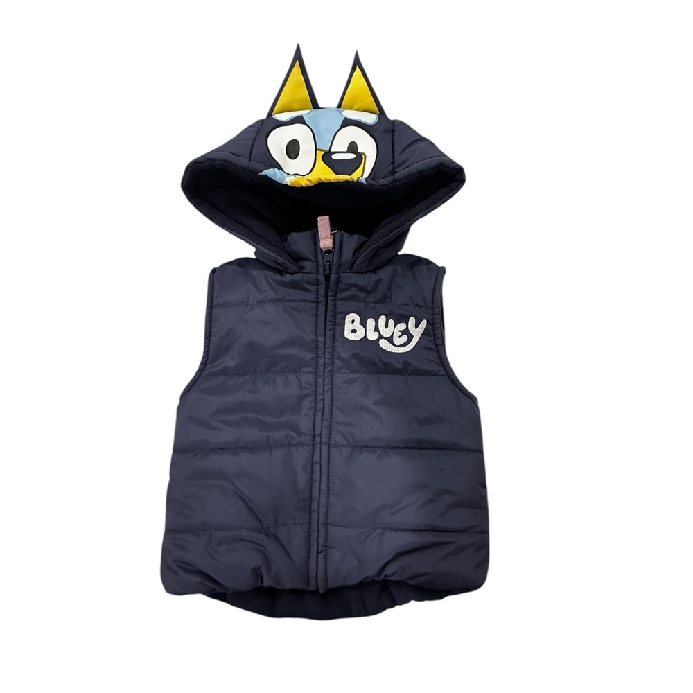 Bluey Toddler Puffer Vest 2T Hooded Jacket Fleece Lined Navy Zip Front Licensed